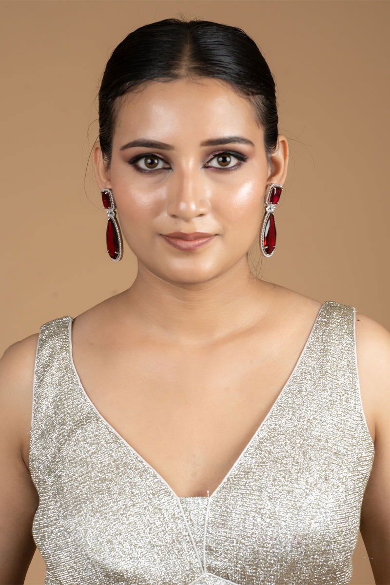 Ruby Red AD Teardrop Embellished Stones Earrings - Mayrake.in