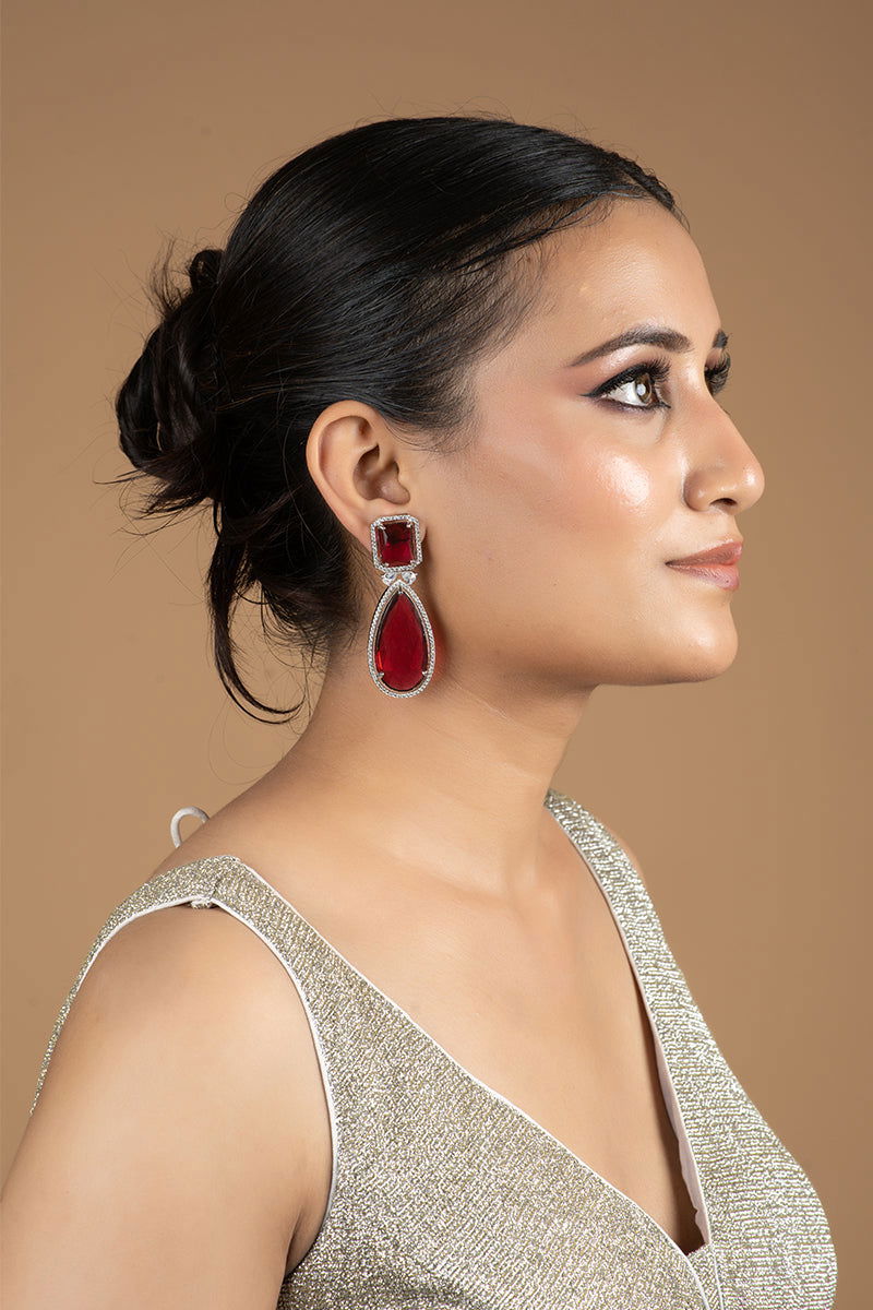 Ruby Red AD Teardrop Embellished Stones Earrings - Mayrake.in