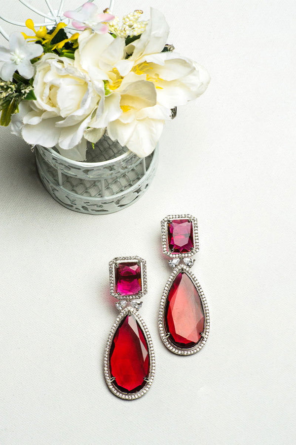 Ruby red AD teardrop earrings embellished with stones - Mayrake