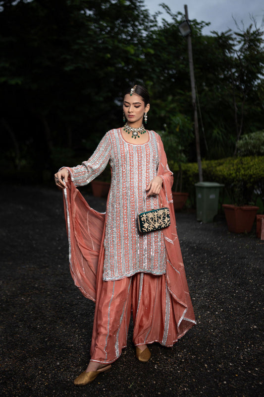 Rust Brown Georgette Handwork Zardozi Embroidered Sharara Suit - Mayrake.in