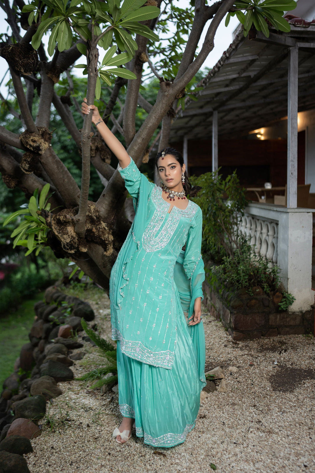 Sea-Green Crepe Silk Hand-Embroidered Suit with Plazo Pant - Mayrake.in