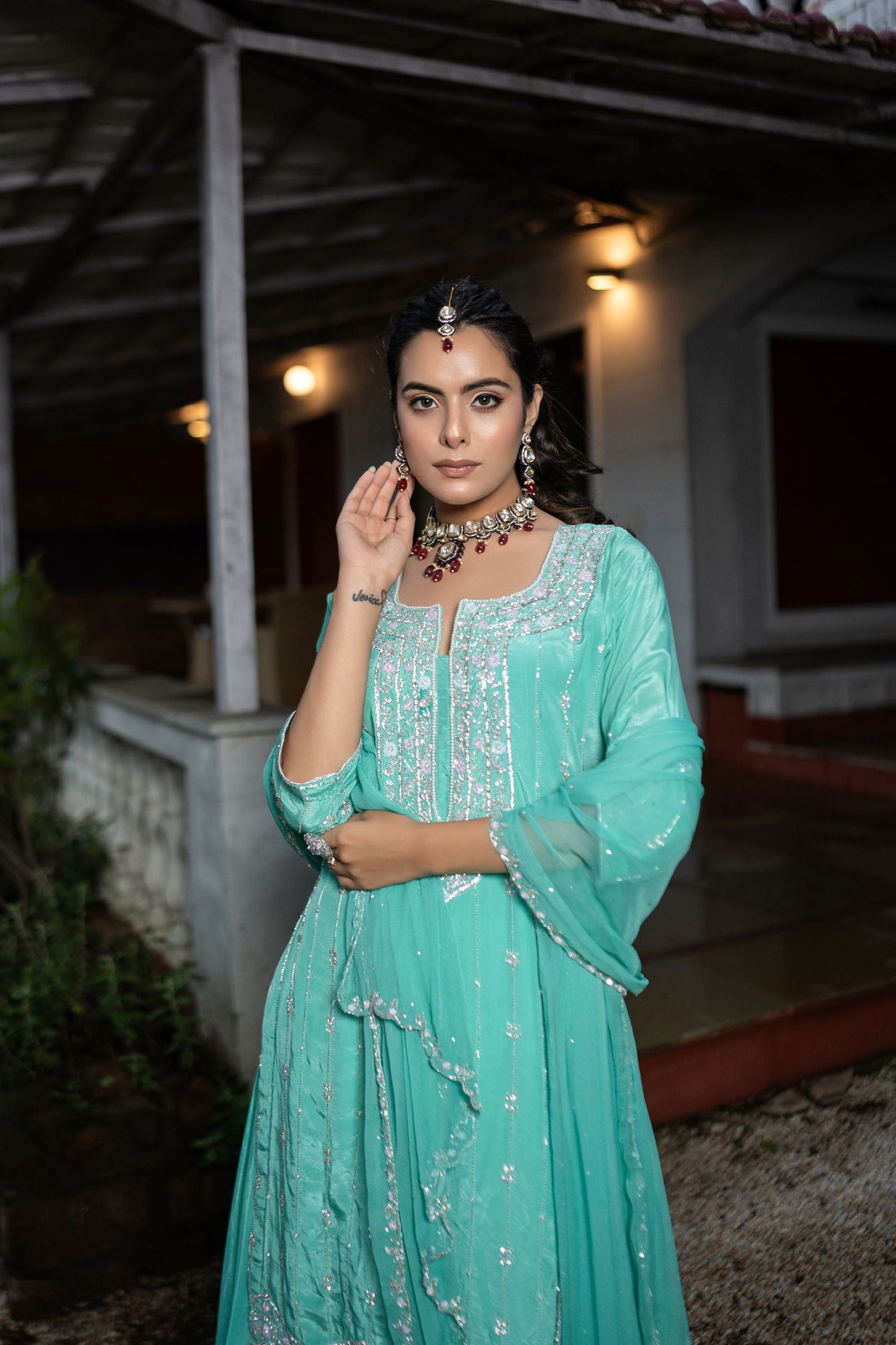 Sea-Green Crepe Silk Hand-Embroidered Suit with Plazo Pant - Mayrake.in