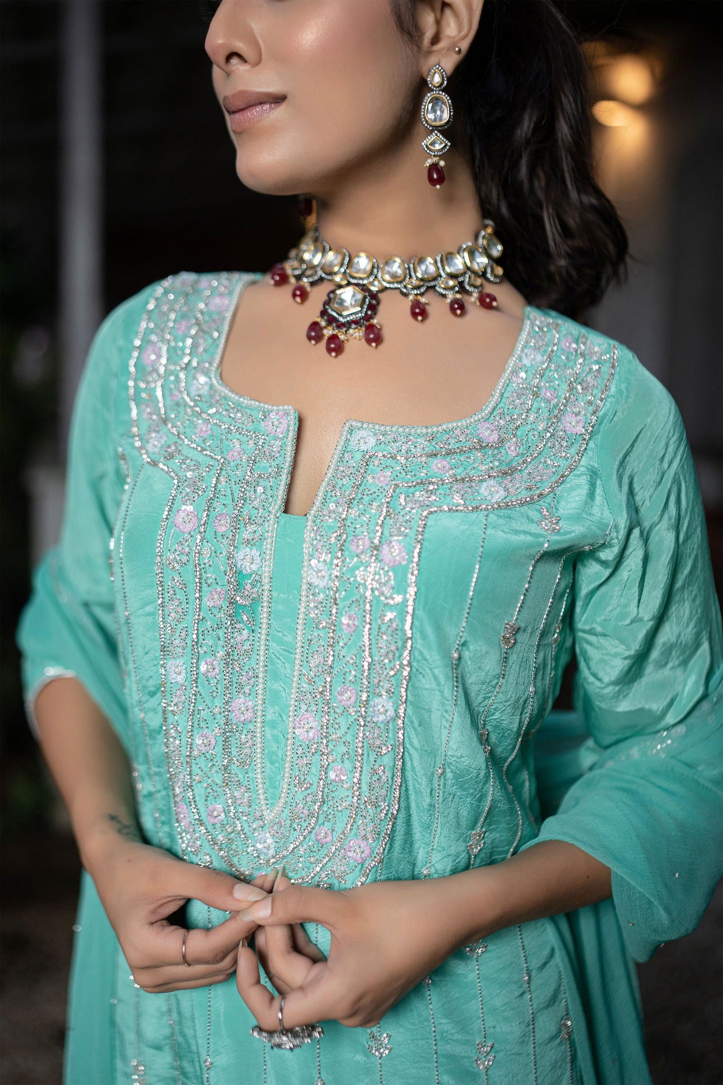 Sea-Green Crepe Silk Hand-Embroidered Suit with Plazo Pant - Mayrake.in