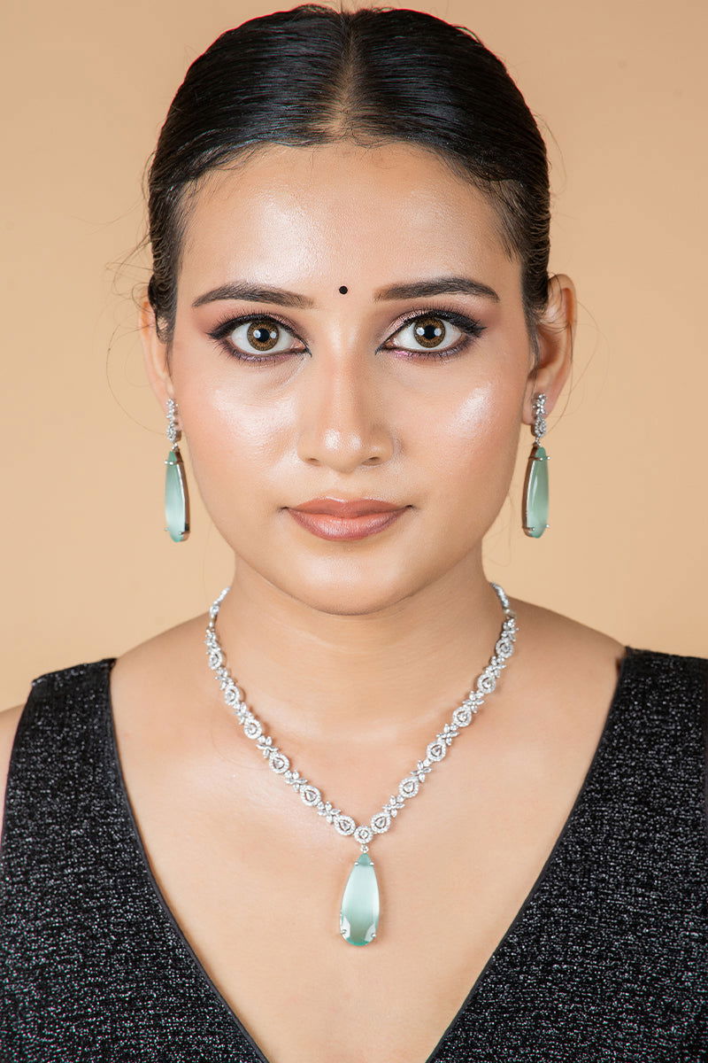 Sea Blue American Diamond Necklace with Earrings - Mayrake.in