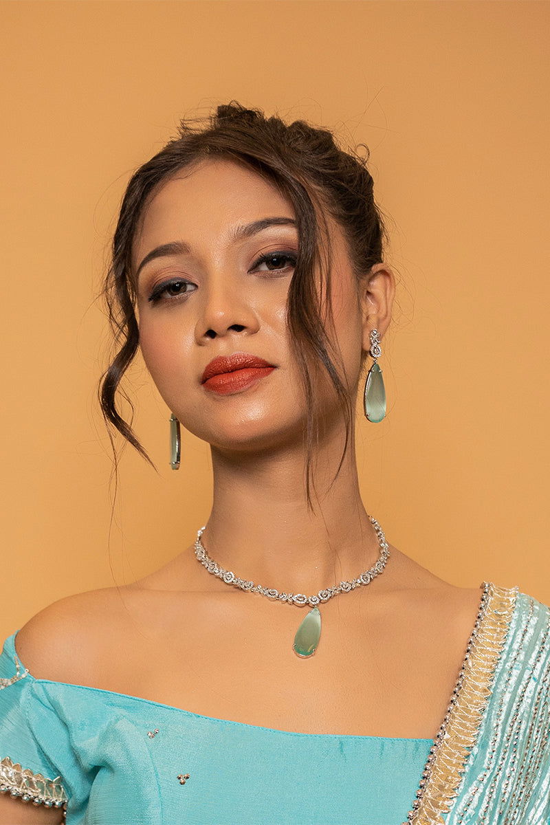 Sea Blue American Diamond Necklace with Earrings - Mayrake.in