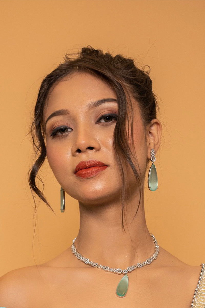 Sea Blue American Diamond Necklace with Earrings - Mayrake.in