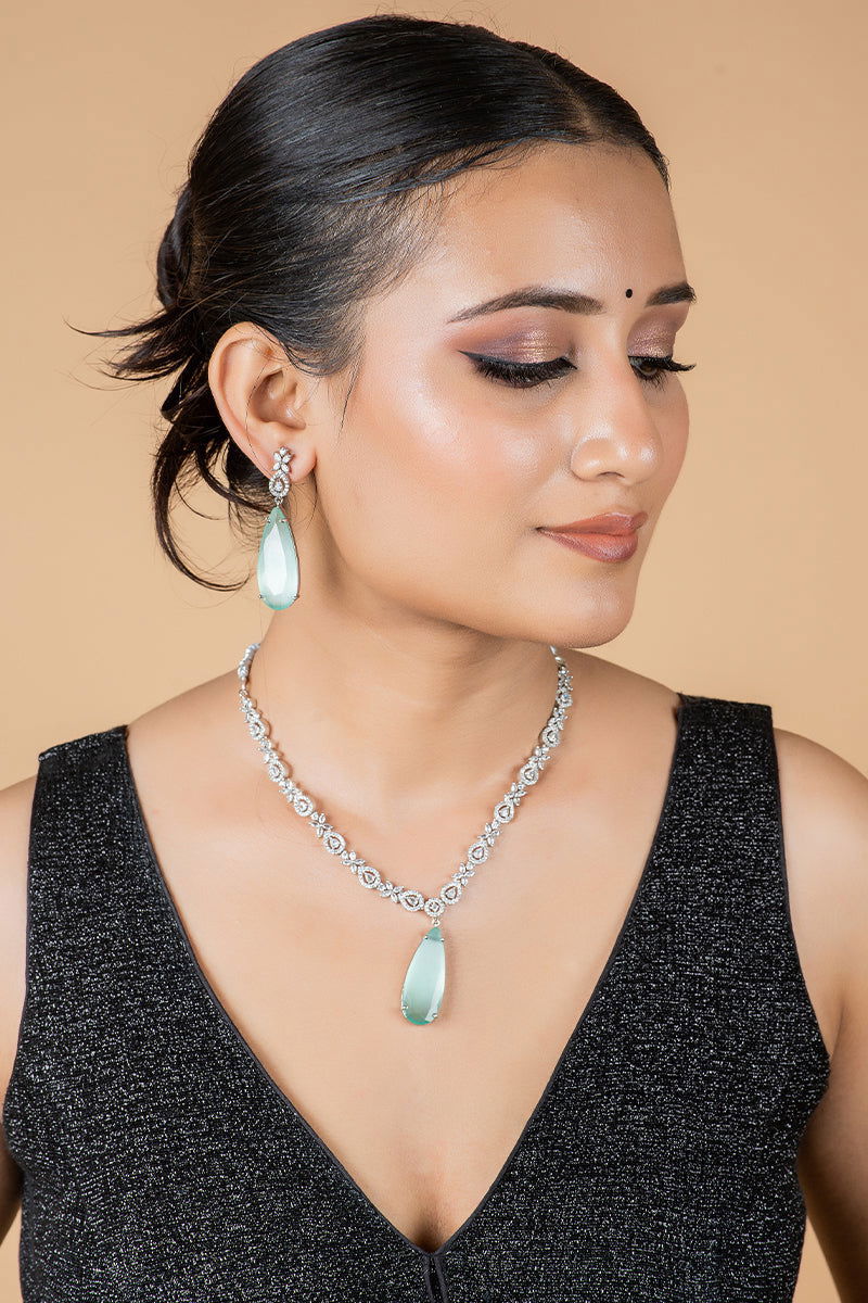 Sea Blue American Diamond Necklace with Earrings - Mayrake.in