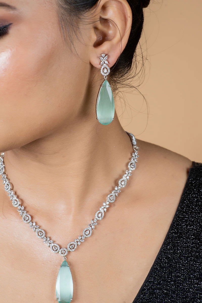 Sea Blue American Diamond Necklace with Earrings - Mayrake.in