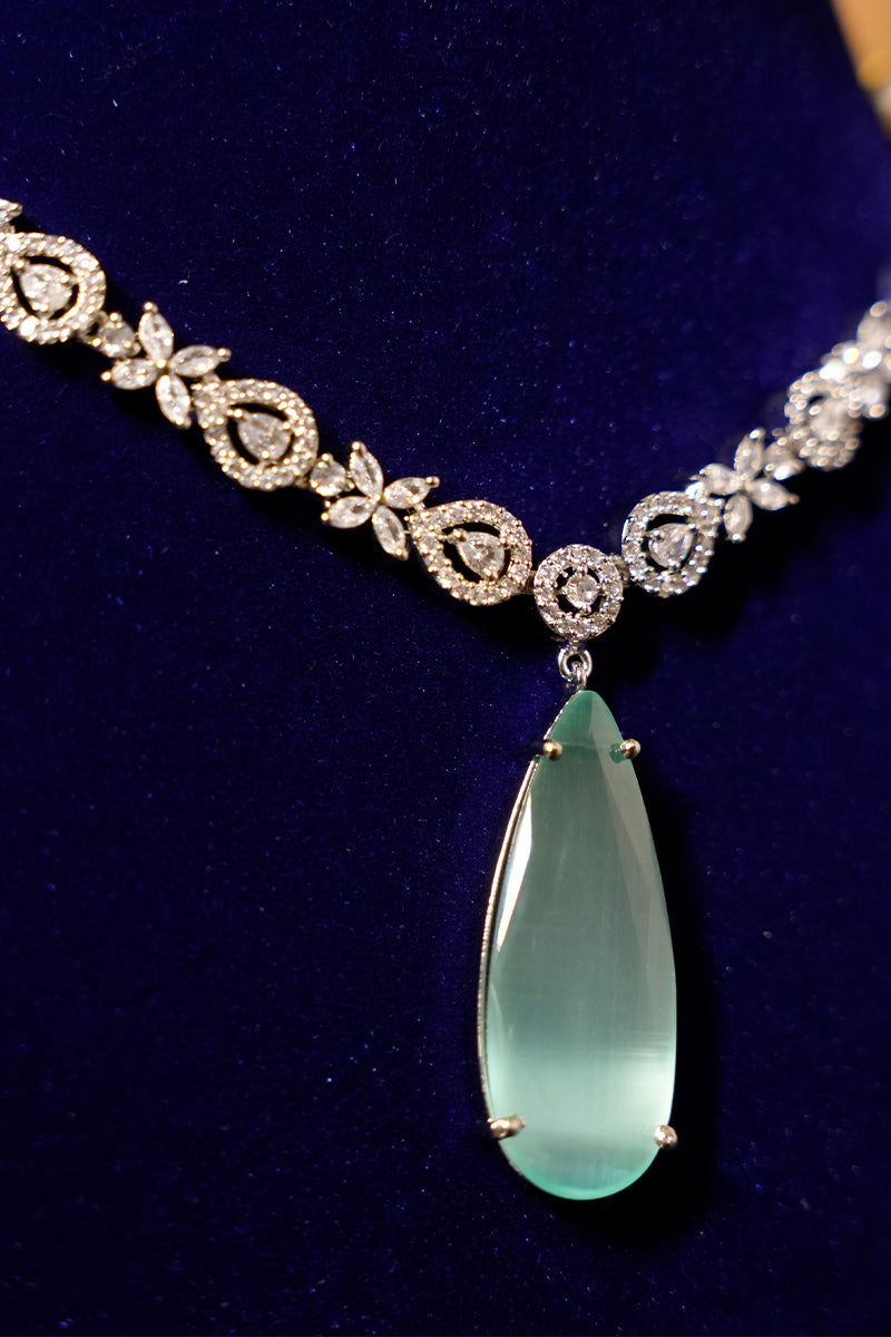 Sea Blue American Diamond Necklace with Earrings - Mayrake.in