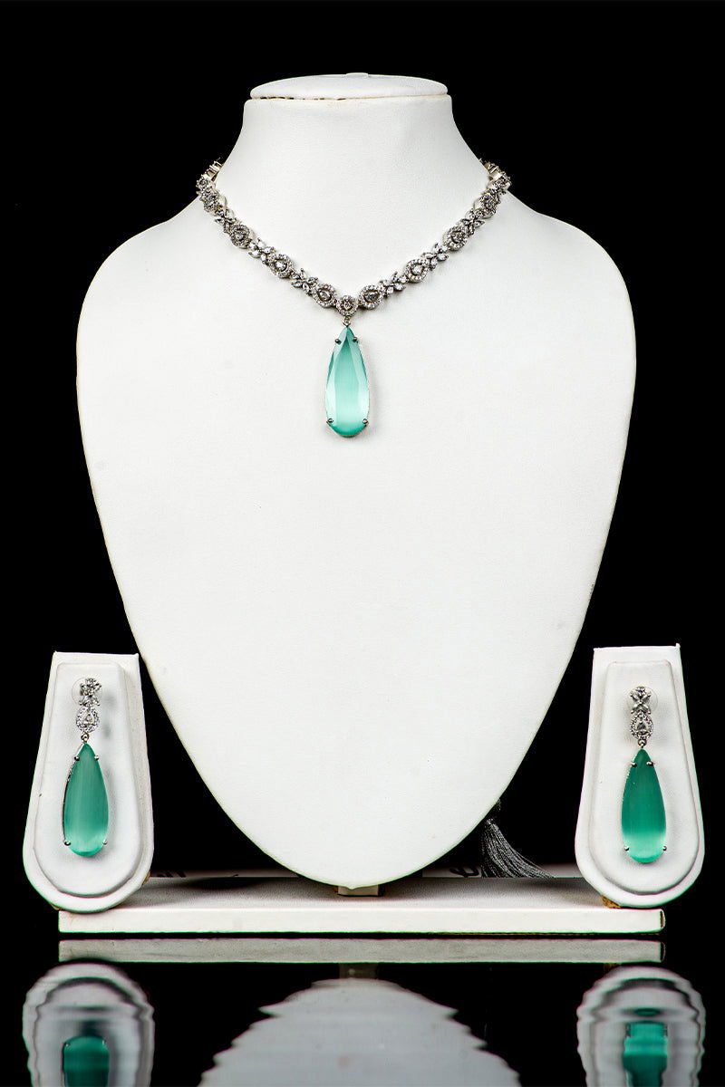 Sea Blue American Diamond Necklace with Earrings - Mayrake.in