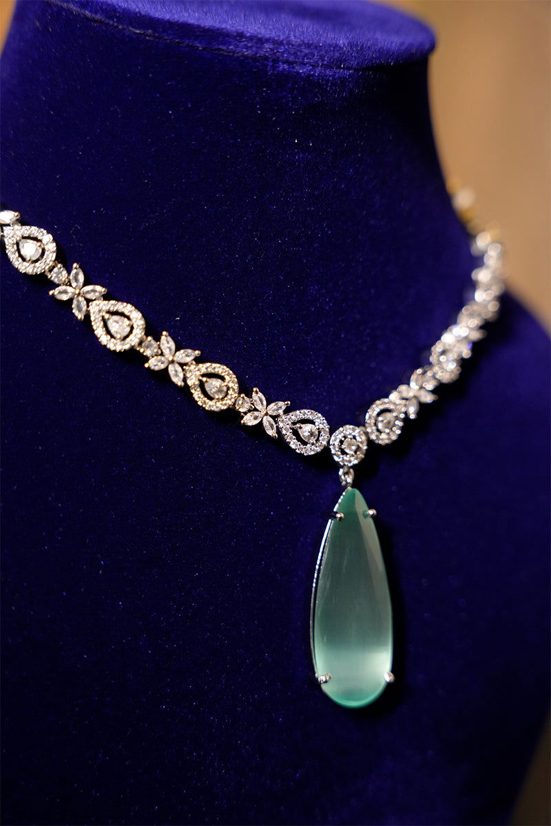Sea Blue American Diamond Necklace with Earrings - Mayrake.in