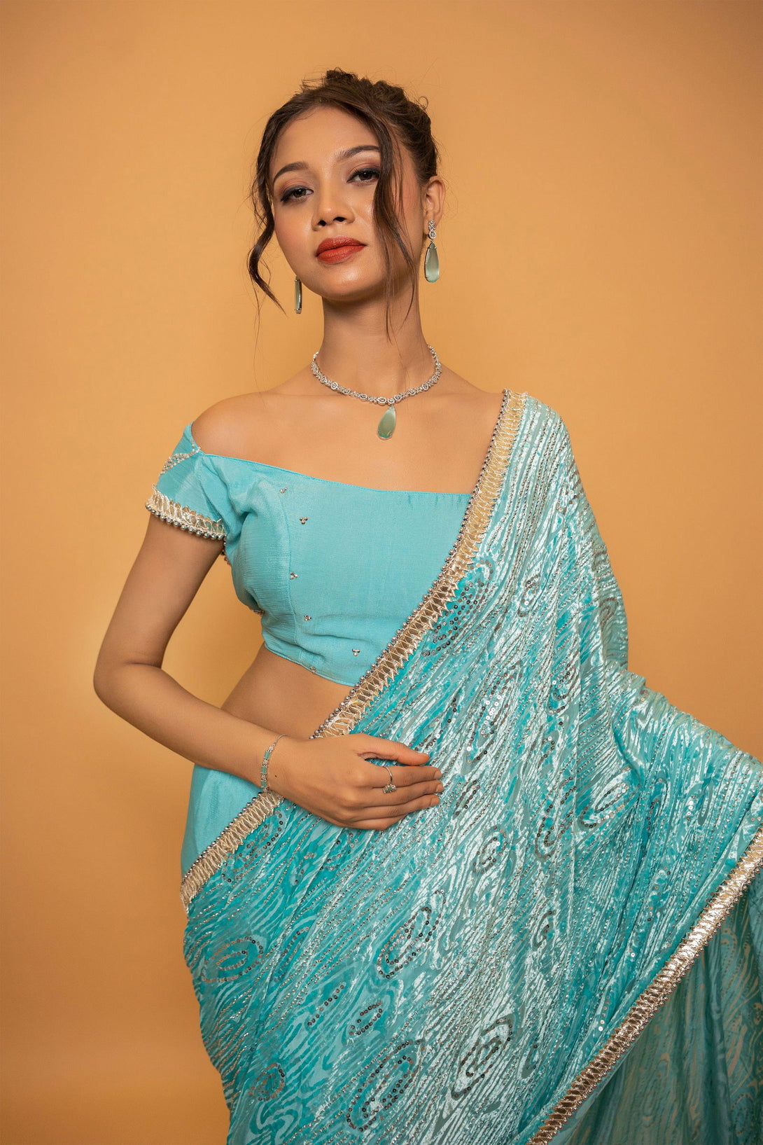 Sea Blue Georgette Saree With Velvet Pallu with Stitched Blouse - Mayrake.in