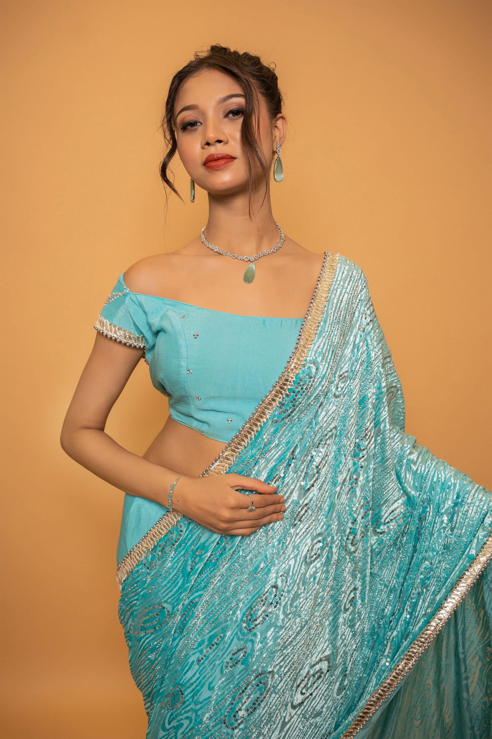 Sea Blue Georgette Saree With Velvet Pallu with Stitched Blouse - Mayrake.in