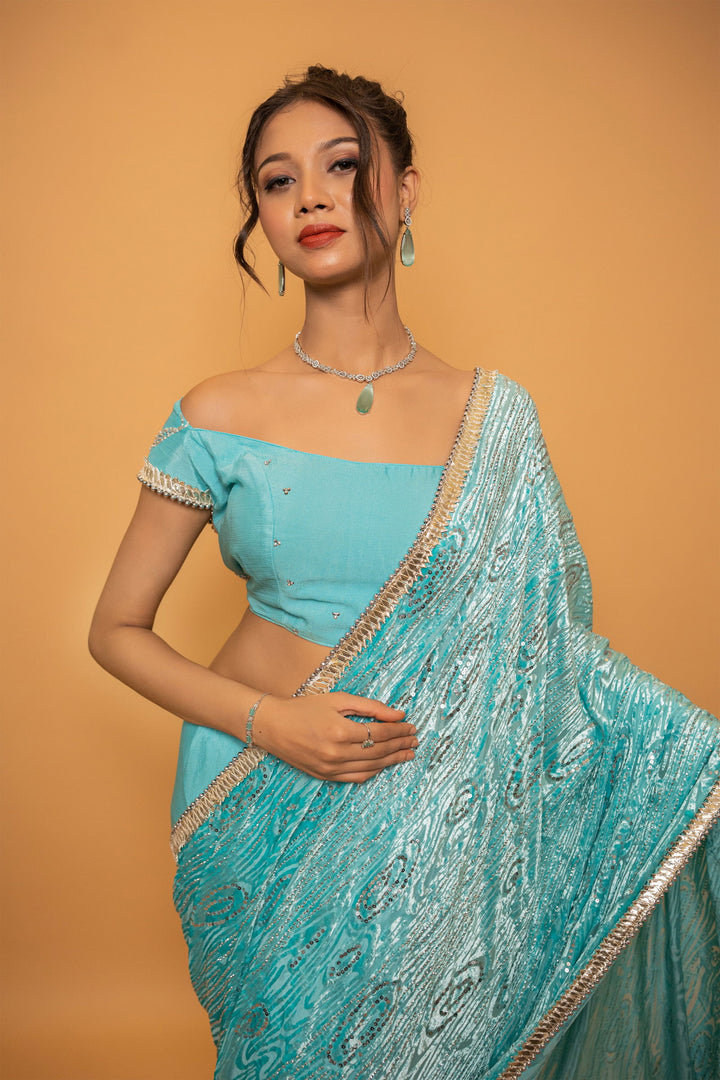 Sea Blue Saree with Luxurious Velvet Pallu, Gota Patti Border, and Sequin Work Paired with Stitched Designer Blouse - Mayrake