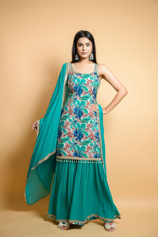 Sea Green Crape Suit with Georgette Detailed Garara and Lace Dupatta - Mayrake