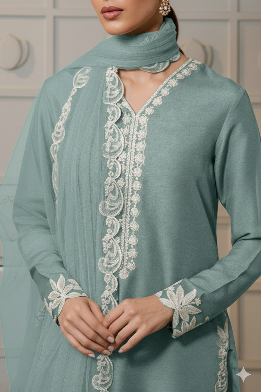 Sea Green Farsi Salwar Suit With White Thread Lace Work - Mayrake.in