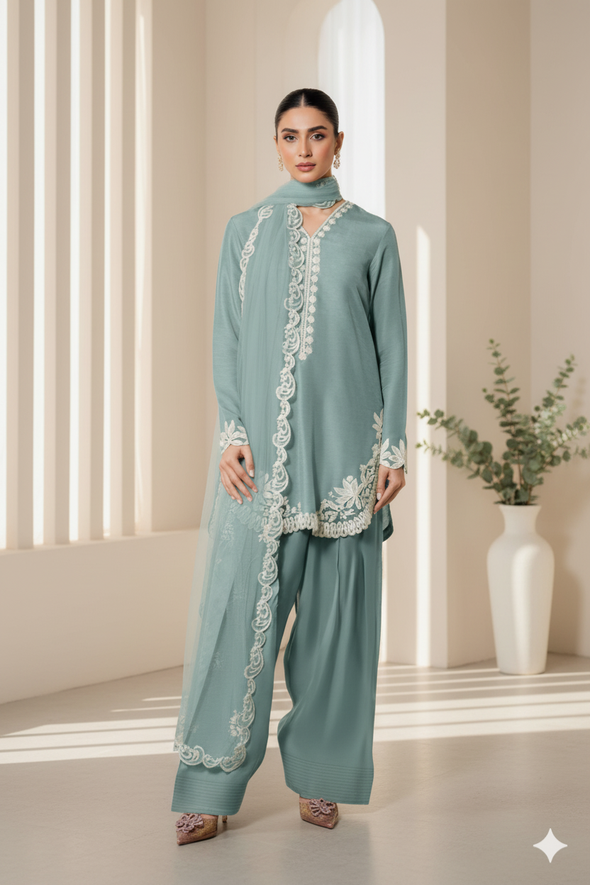 Sea Green Farsi Salwar Suit With White Thread Lace Work - Mayrake.in