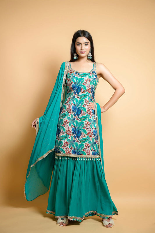 Sea Green Georgette Crepe Garara Suit - Mayrake.in