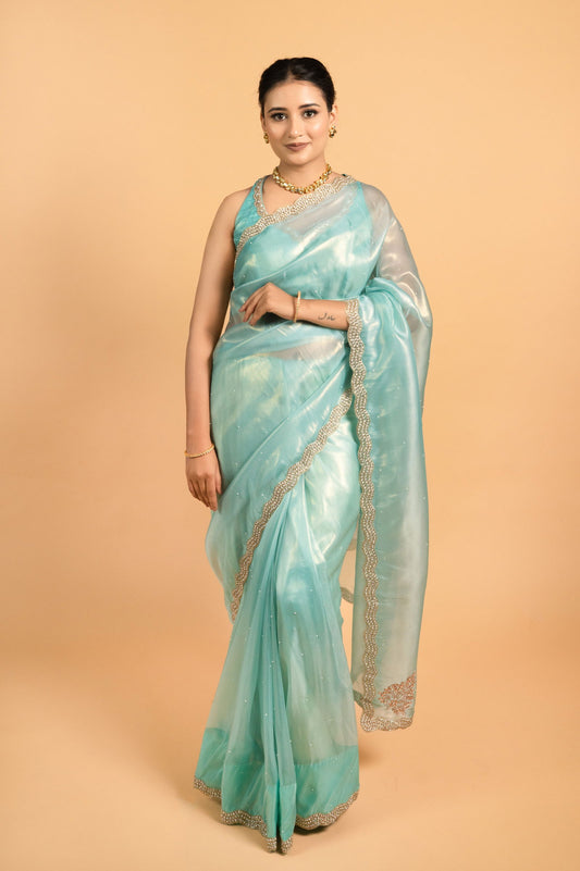 Sea Green Shimmer Organza Saree with Pearl and Sequin work - Mayrake.in