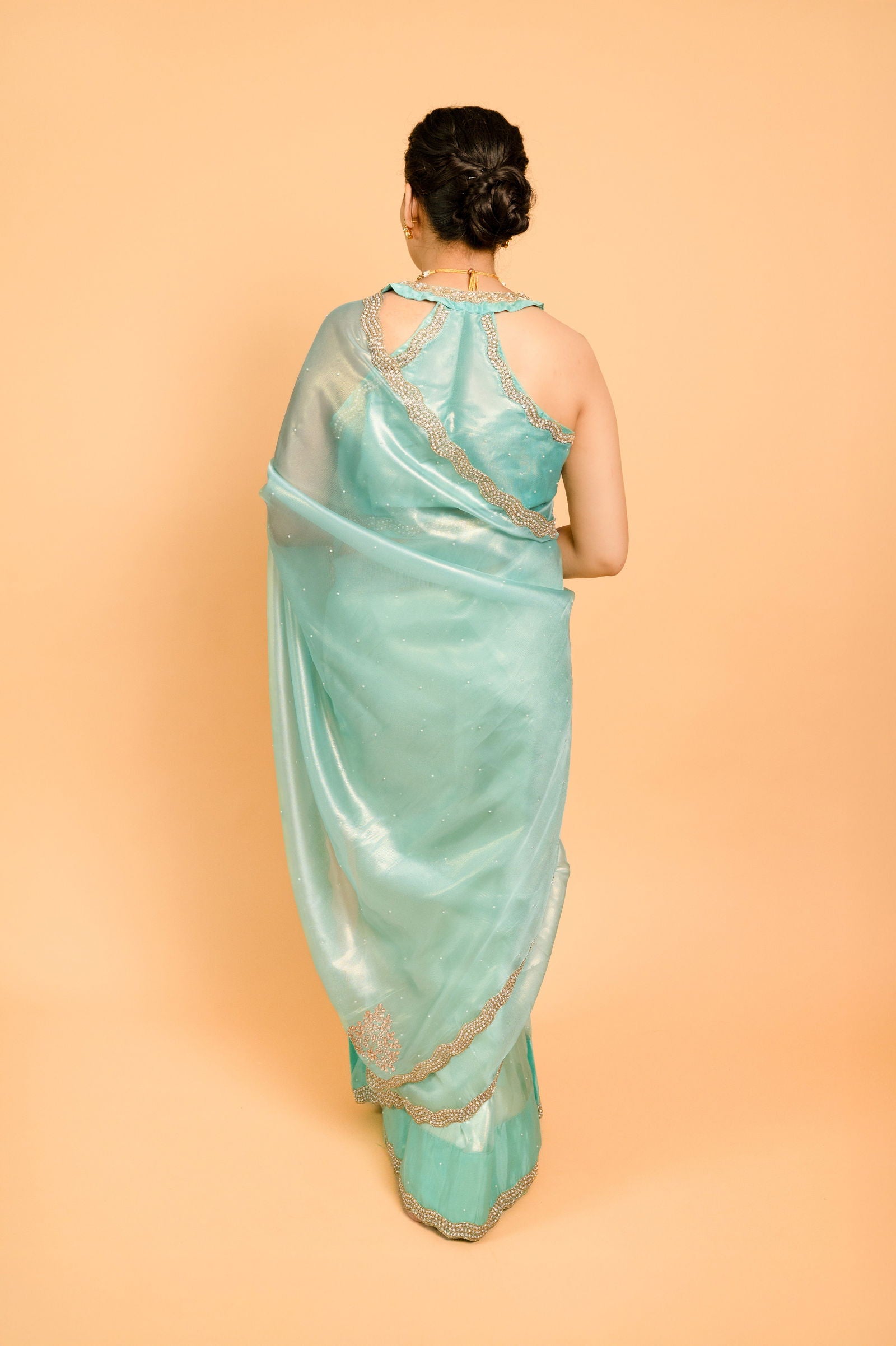Sea Green Shimmer Organza Saree with Pearl and Sequin work - Mayrake.in