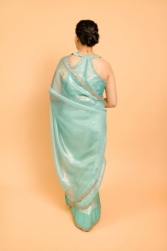 Sea Green Shimmer Organza Saree with Pearl and Sequin work - Mayrake.in