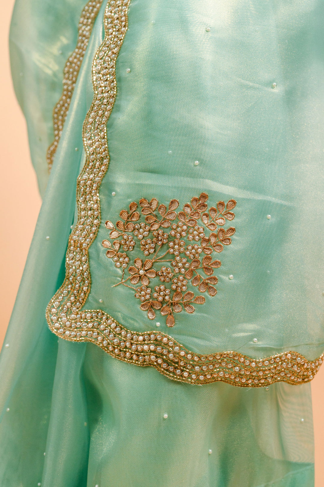 Sea Green Shimmer Organza Saree with Pearl and Sequin work - Mayrake.in