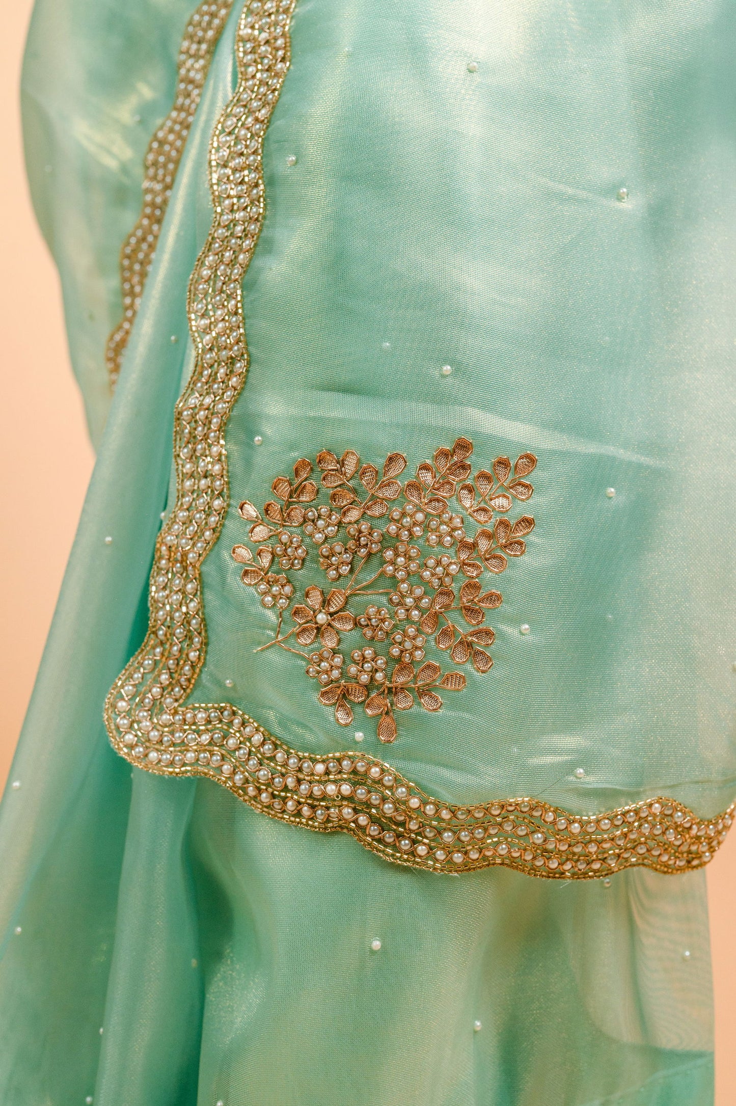 Sea Green Shimmer Organza Saree with Pearl and Sequin work - Mayrake.in