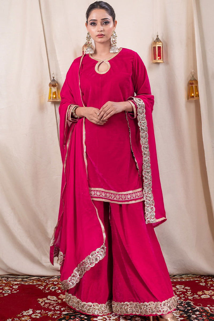 Shimmer Velvet Fuchsia Pink Kurta with Embroidered Lace and Wide Flared Palazzo - Mayrake - 