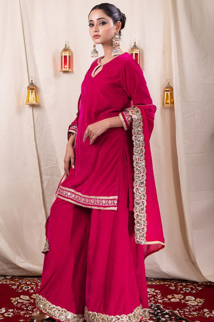 Shimmer Velvet Fuchsia Pink Kurta with Embroidered Lace and Wide Flared Palazzo - Mayrake - 