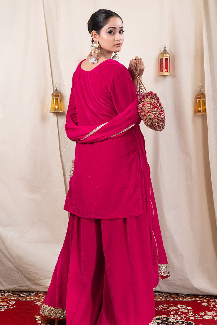 Shimmer Velvet Fuchsia Pink Kurta with Embroidered Lace and Wide Flared Palazzo - Mayrake - 
