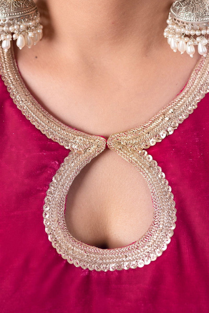 Shimmer Velvet Fuchsia Pink Kurta with Embroidered Lace and Wide Flared Palazzo - Mayrake - 