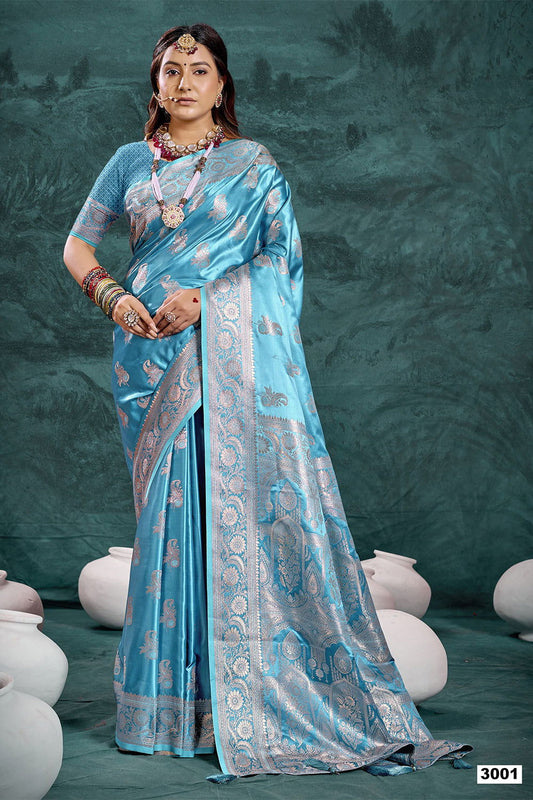 Sky Blue Banarasi Satin Silk Rich Pallu Saree with Silver Zari Weaving Detailing - Mayrake.in