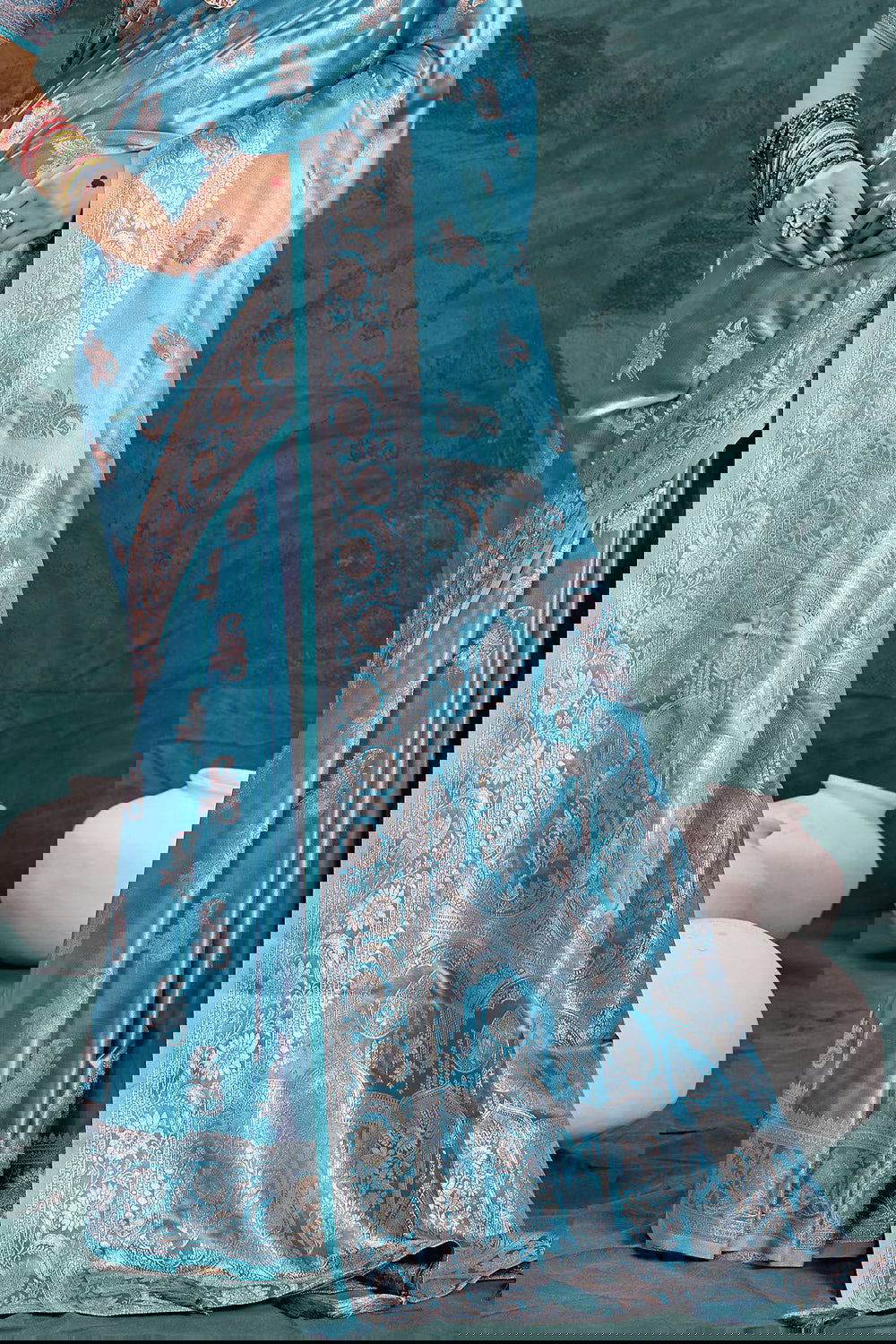 Sky Blue Banarasi Satin Silk Rich Pallu Saree with Silver Zari Weaving Detailing - Mayrake.in