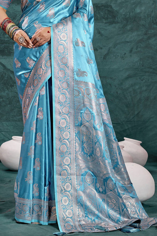 Sky Blue Banarasi Satin Silk Rich Pallu Saree with Silver Zari Weaving Detailing - Mayrake.in