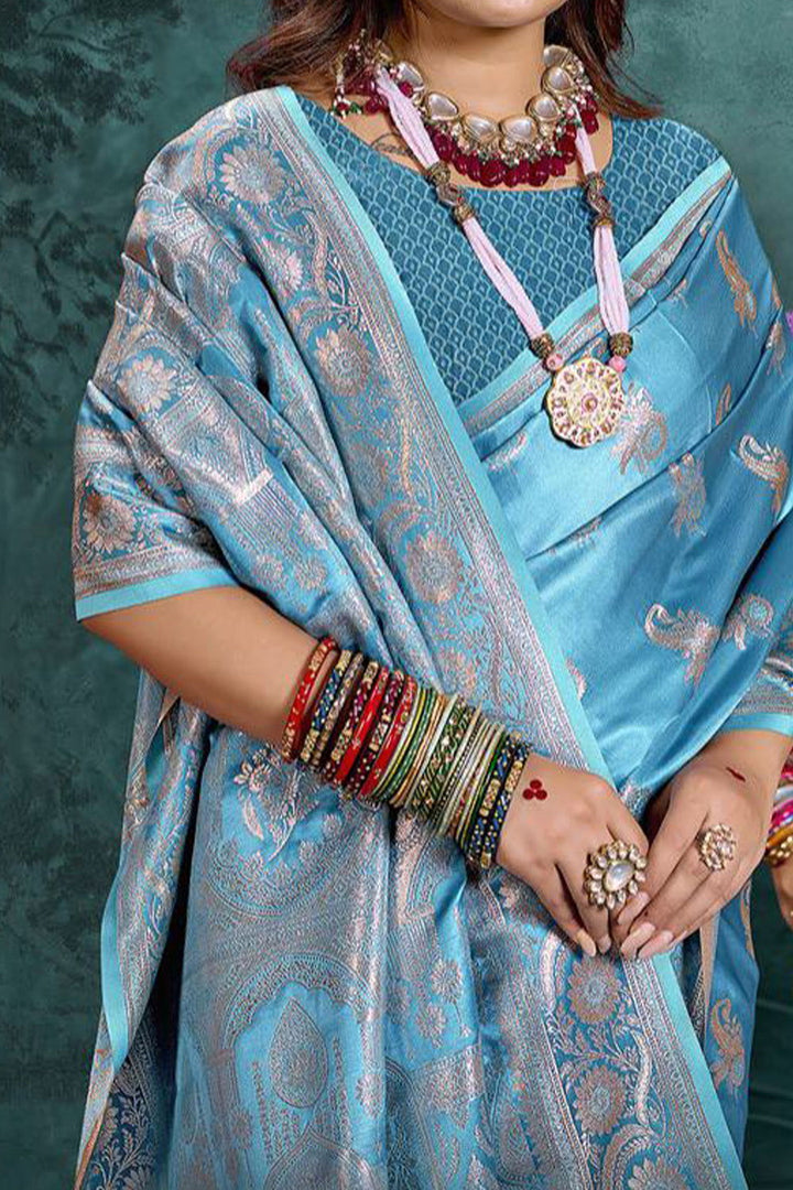 Sky Blue Banarasi Satin Silk Rich Pallu Saree with Silver Zari Weaving Detailing - Mayrake.in