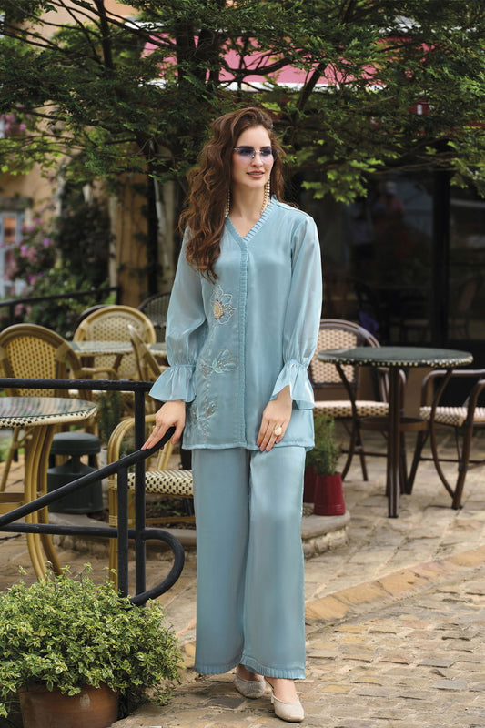 Sky Blue Handwork Viscose Silk Cord-Set Suit with Pant with Pocket - Mayrake.in