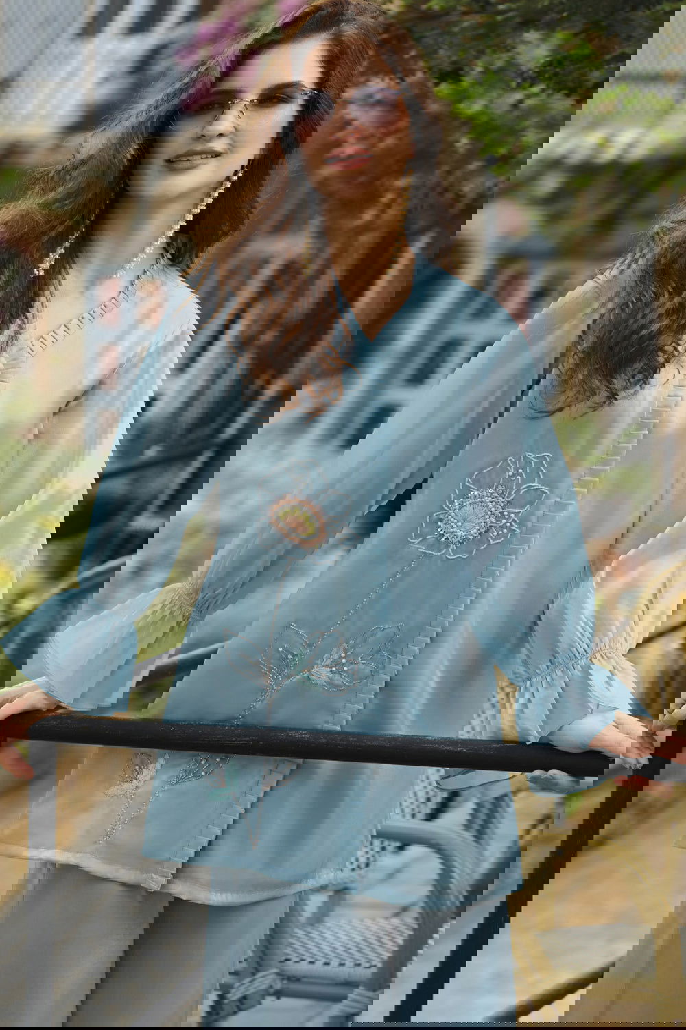 Sky Blue Handwork Viscose Silk Cord-Set Suit with Pant with Pocket - Mayrake.in