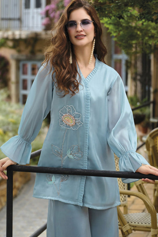 Sky Blue Handwork Viscose Silk Cord-Set Suit with Pant with Pocket - Mayrake.in