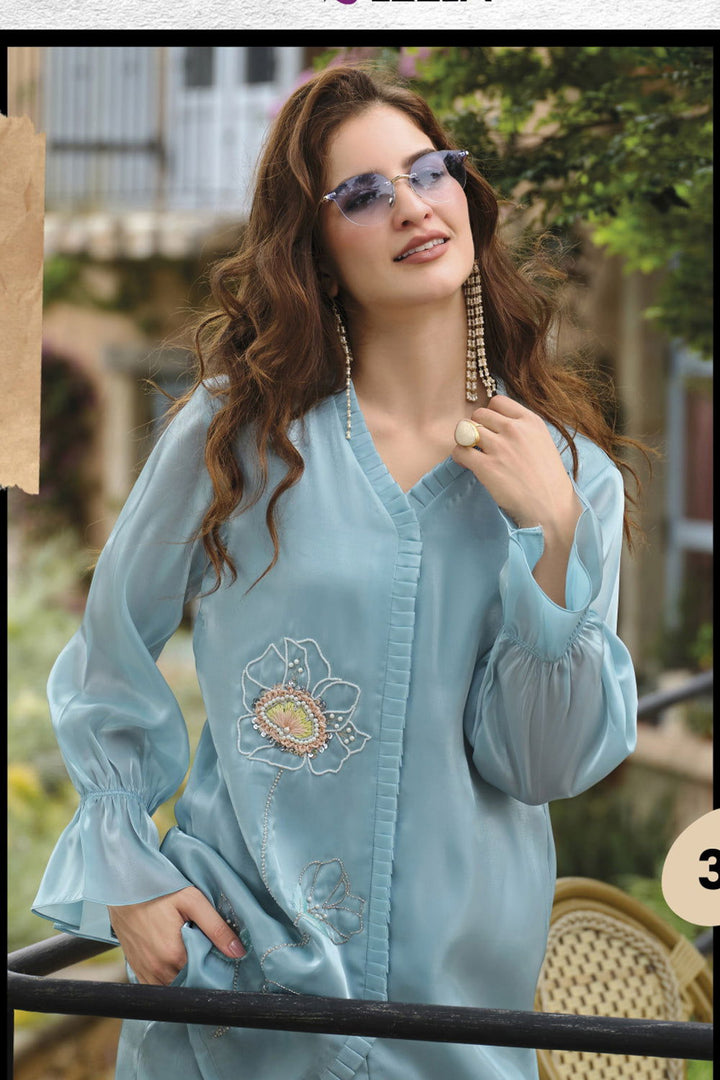 Sky Blue Handwork Viscose Silk Cord-Set Suit with Pant with Pocket - Mayrake.in