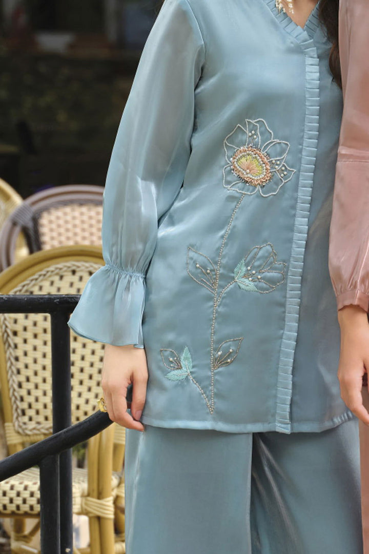 Sky Blue Handwork Viscose Silk Cord-Set Suit with Pant with Pocket - Mayrake.in