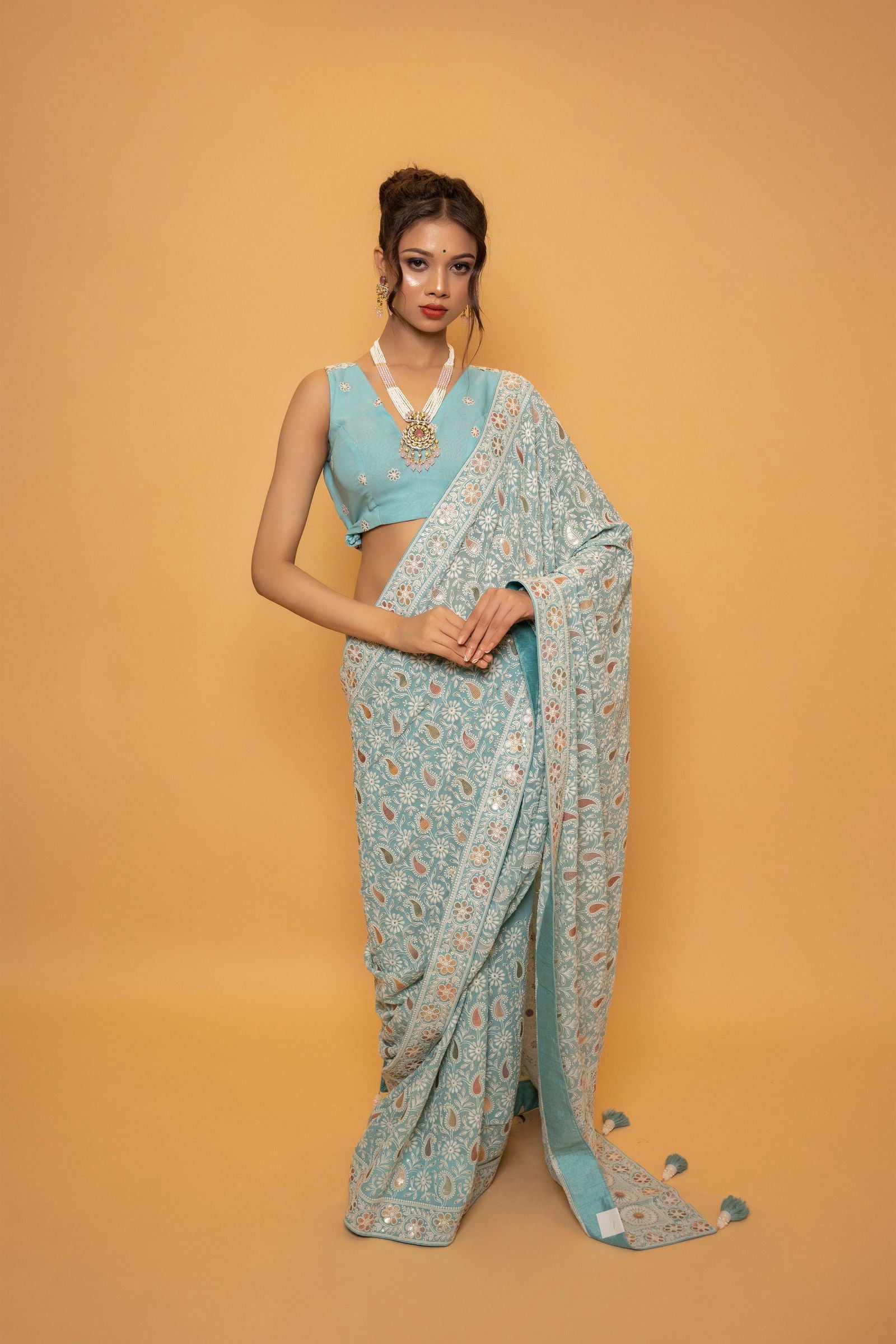 Sky Blue Lucknowi Saree with Multicolored Sequin Work - Mayrake.in
