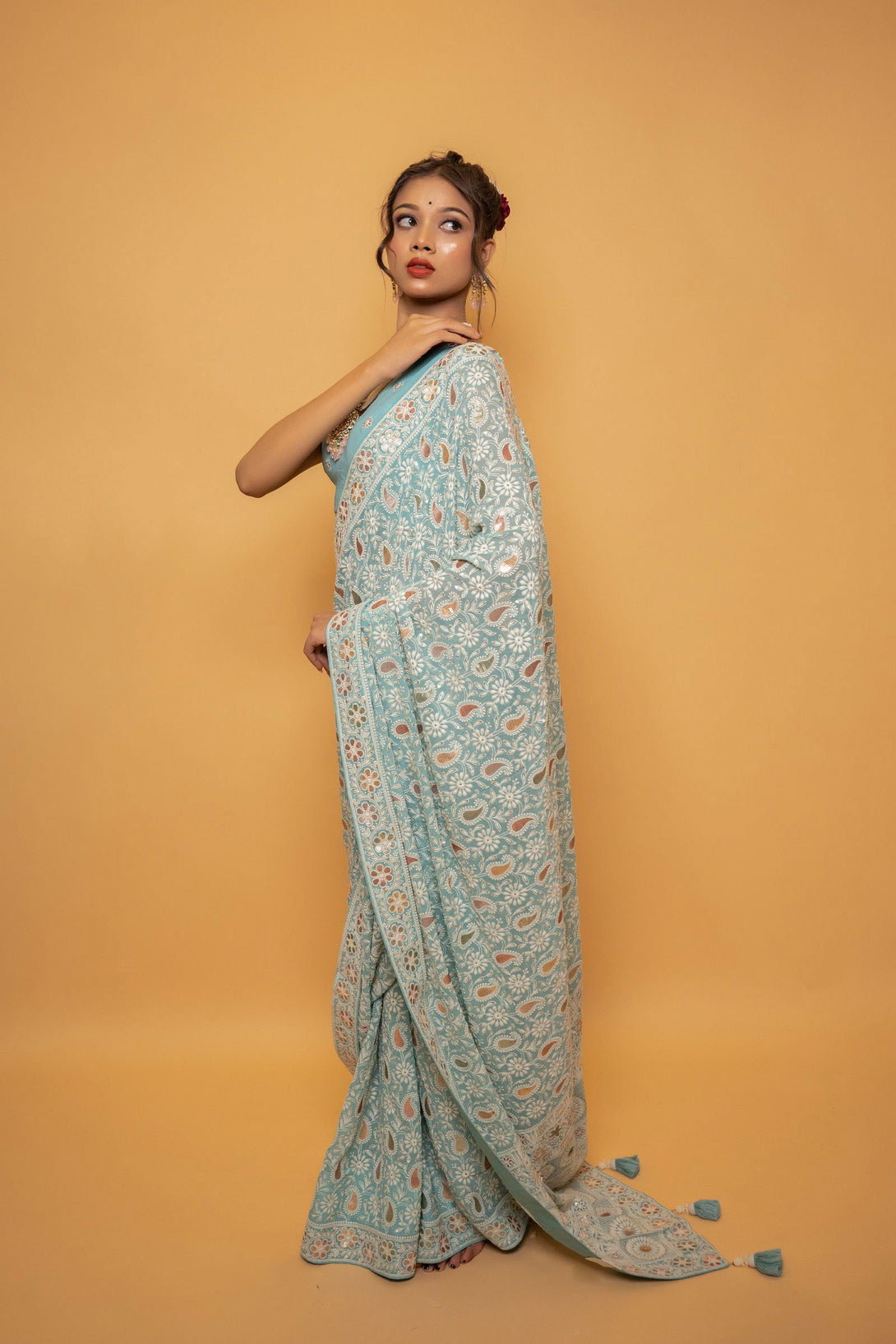 Sky Blue Lucknowi Saree with Multicolored Sequin Work - Mayrake.in