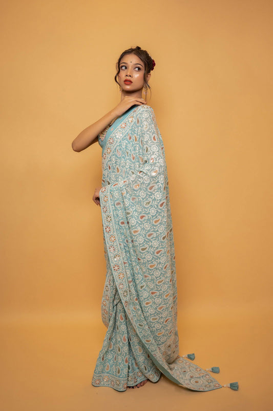 Sky Blue Lucknowi Saree with Multicolored Sequin Work - Mayrake.in