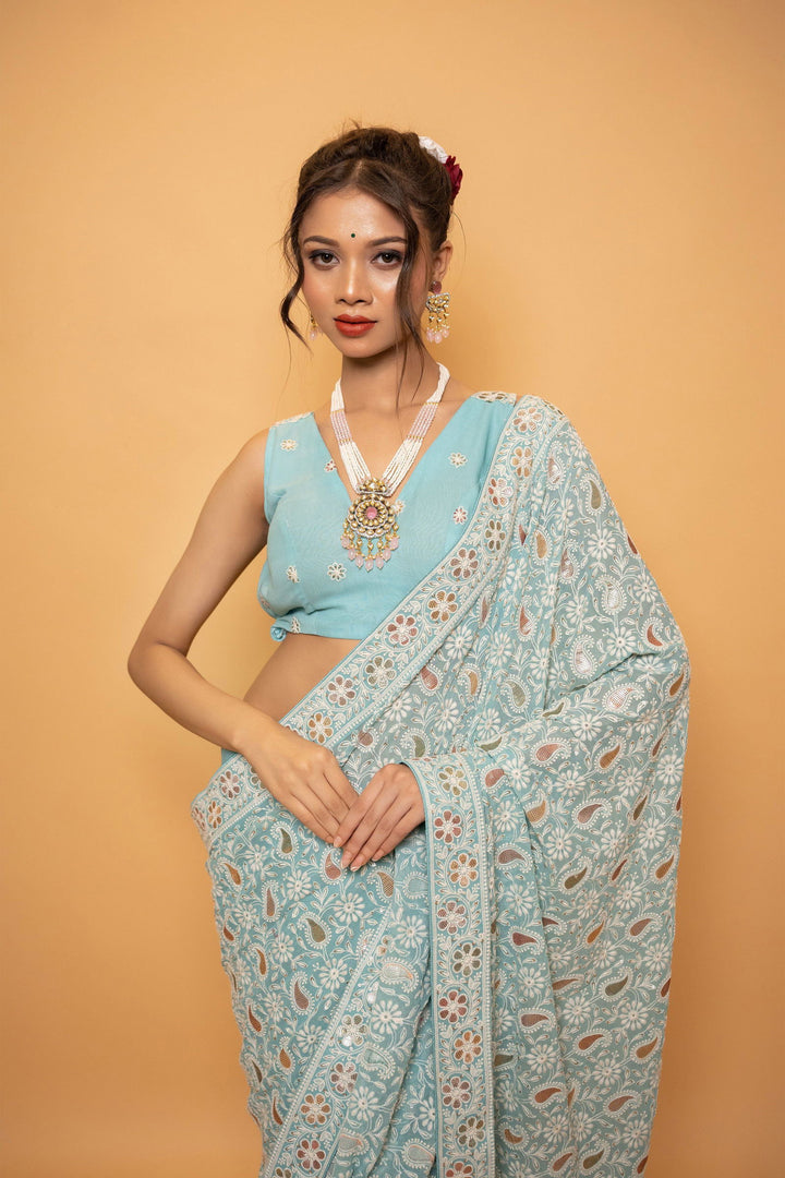 Sky Blue Lucknowi Saree with Multicolored Sequin Work - Mayrake.in