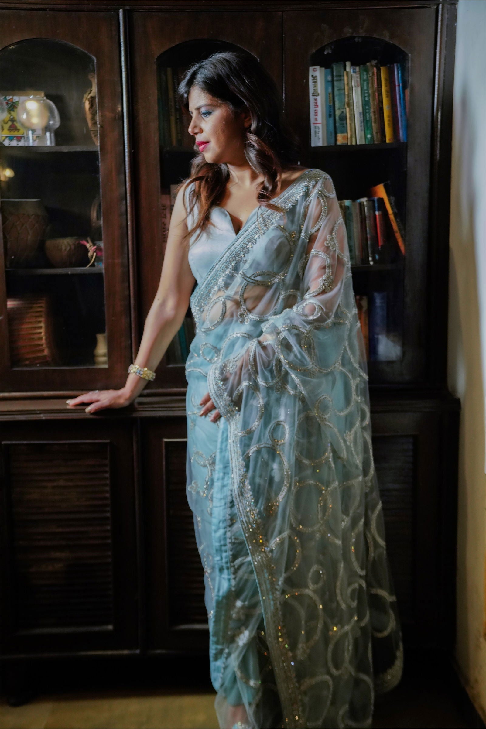 Sky Blue Super Net Saree With Swarovski Work with Stitched Blouse - Mayrake.in
