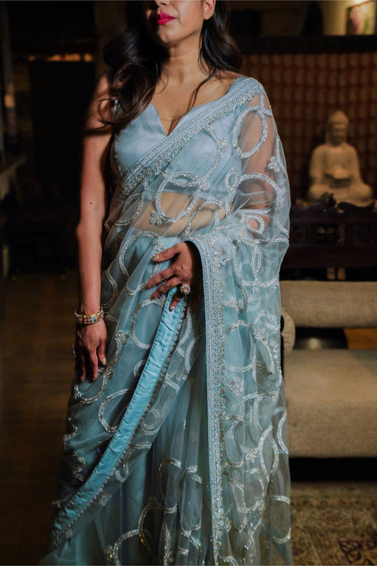 Sky Blue Super Net Saree With Swarovski Work with Stitched Blouse - Mayrake.in