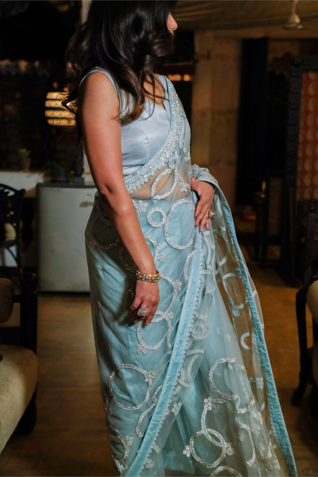 Sky Blue Super Net Saree With Swarovski Work with Stitched Blouse - Mayrake.in