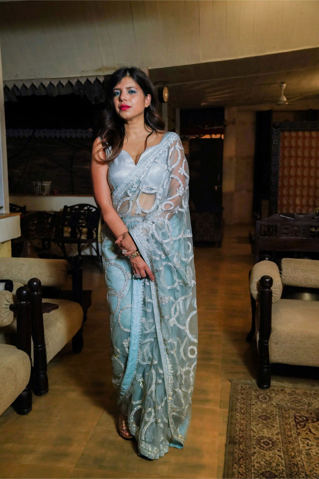 Sky Blue Super Net Saree With Swarovski Work with Stitched Blouse - Mayrake.in