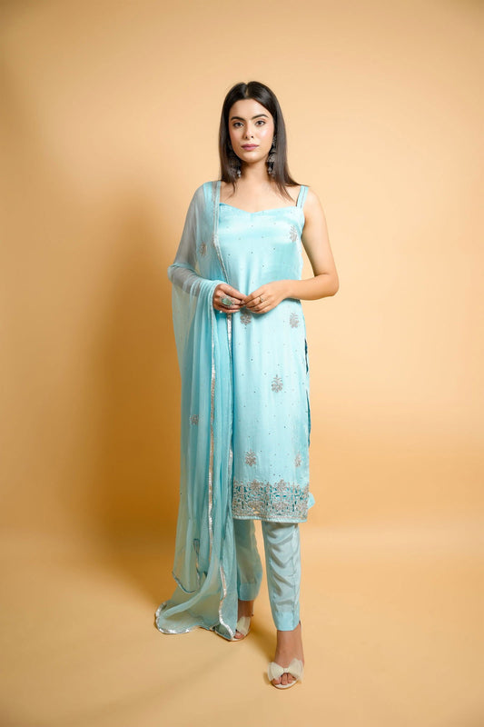 Sky Blue Swarovski Cutwork Suit with Padded Sleeveless Design - Mayrake.in