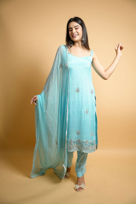 Sky Blue Swarovski Cutwork Suit with Padded Sleeveless Design - Mayrake.in